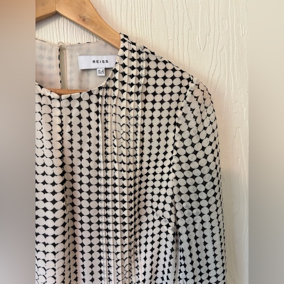 REISS Elissa White Black Spot Monochrome Long Sleeve Mini Fit Flare Tie Dress - Picture 6 of 17